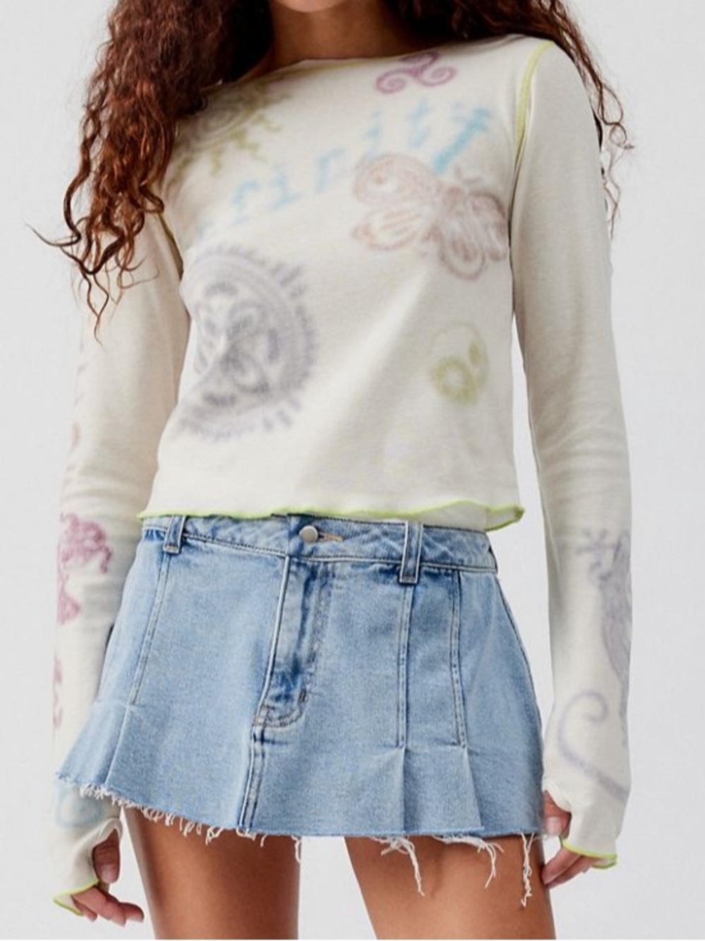 Urban Outfitters Cream Long Sleeve Tee with Pastel Print
